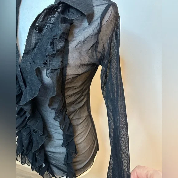 Zebra Sheer Vintage Ruffled Mesh Buttoned Blouse - Picture 5 of 12